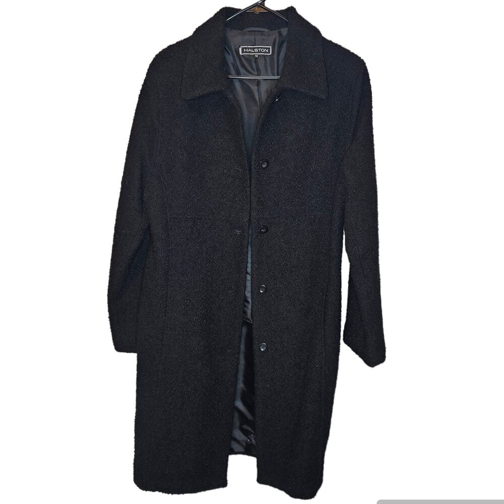 HALSTON Black Textured Long Length Wool Blend Trench Coat sz 14 NWT